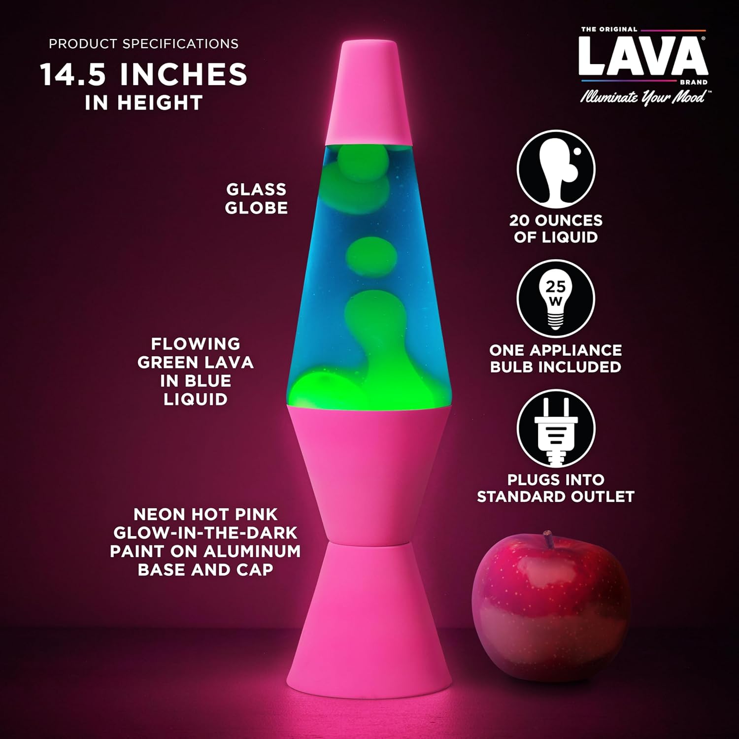 Lava The Original Lamp - 14.5 Neon Pink - Classic Liquid Motion Lamp - Green/Yellow and Blue Liquid - Item #2383 (Amazon Exclusive) - Image 3